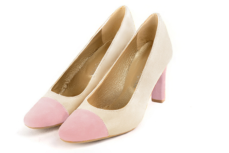 Light pink and champagne beige women's dress pumps, with a round neckline. Round toe. High kitten heels. Front view - Florence KOOIJMAN